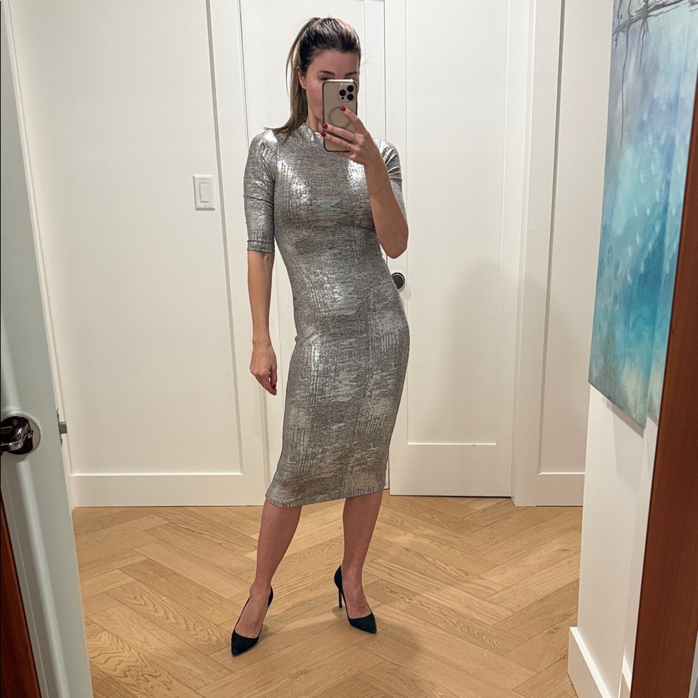 Alice + Olivia Shimmering Silver Midi Dress